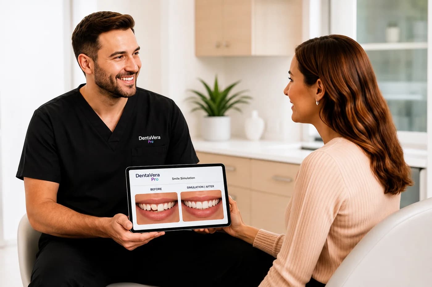 DentaVera Pro - Dentist showing patient smile simulation on tablet